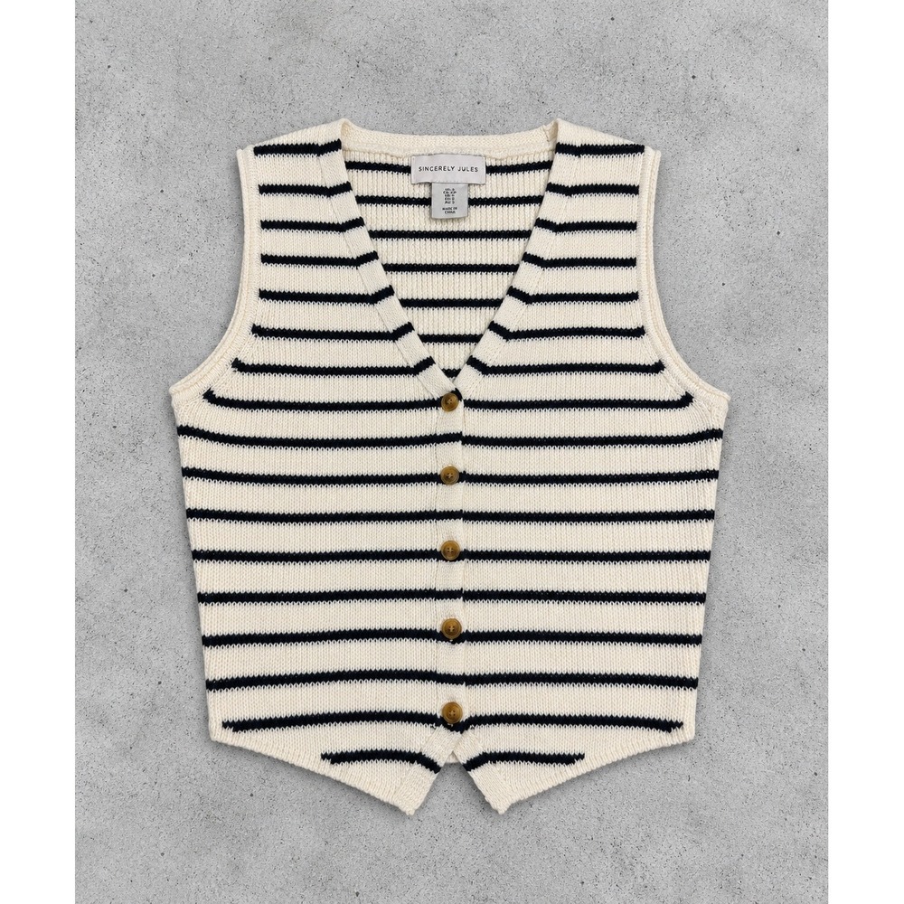 Sincerely Jules Striped Sweater Vest Cream Black Button Front V-Neck Knit Top S